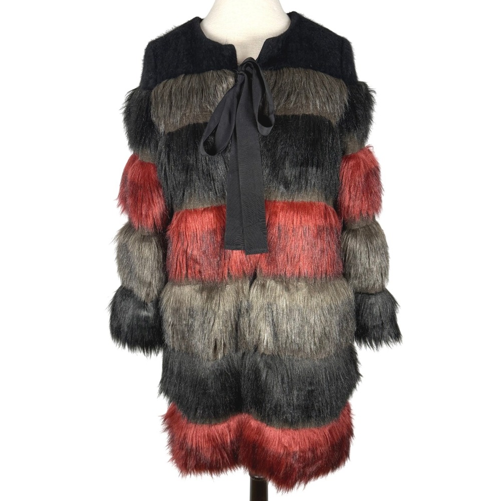 Faux Fur Red Black Striped Coat Size M Dark Romance Vamp Retro 1920s Mobwife